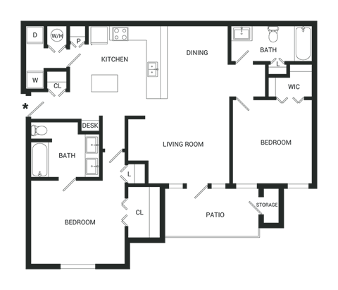 Floor plan for 2 beds, 2 baths, 1232 sqft